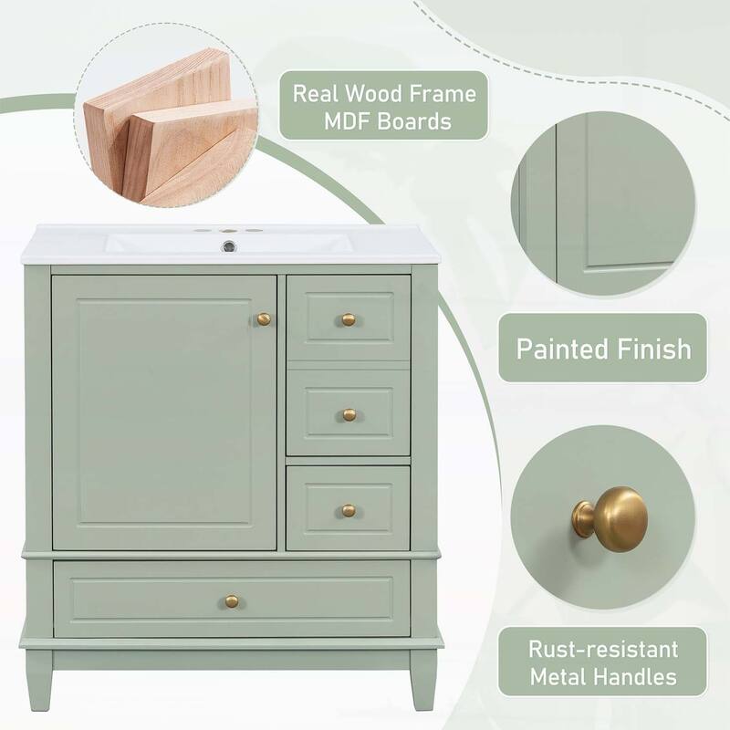 Bathroom Vanity Cabinet with Sink,One Door with Shelf and Three Drawers,Soft Close Door