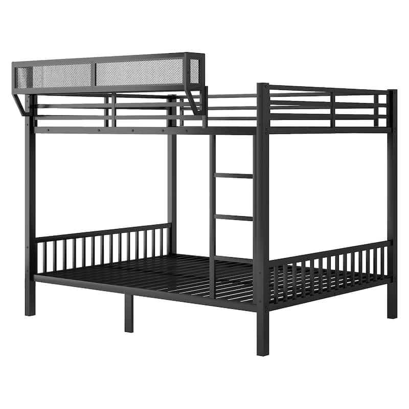 Queen Over Queen Metal Bunk Bed with Ladder and Storage Shelf for Adults Teens,Black
