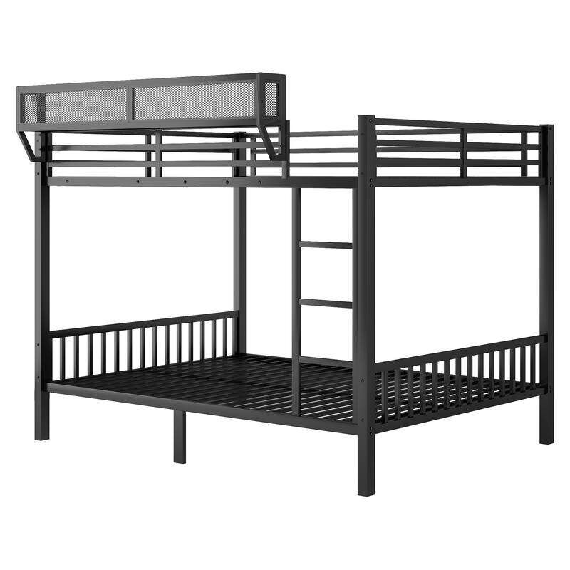 Queen Over Queen Metal Bunk Bed with Ladder and Storage Shelf for Adults and Teens, Black