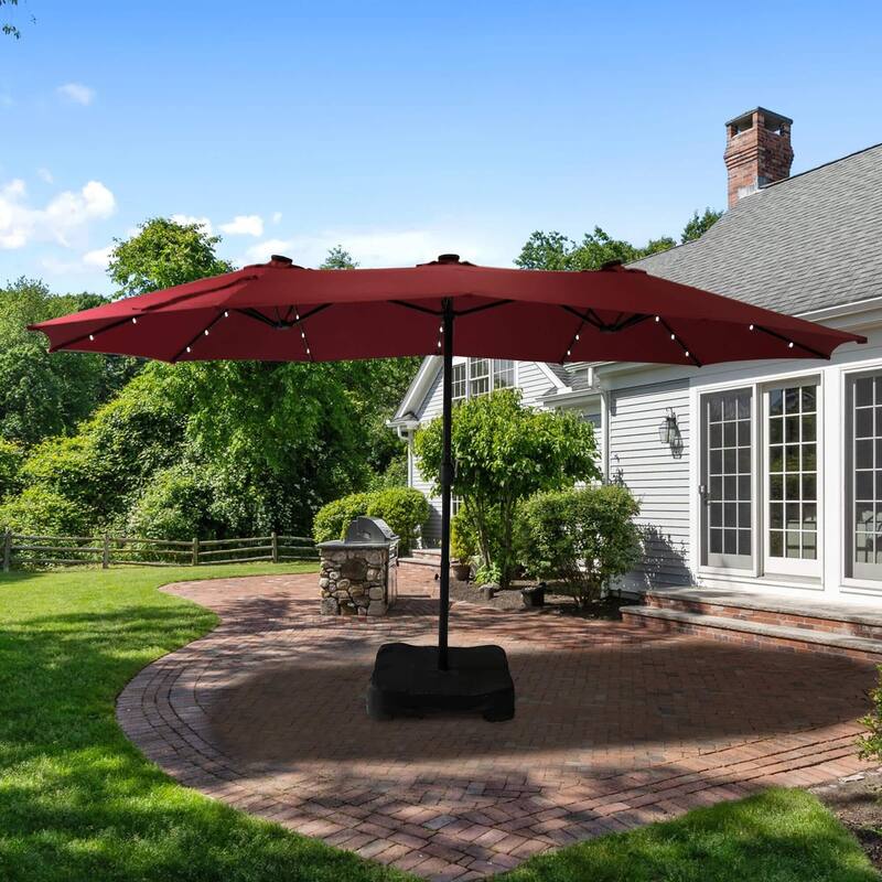 15ft Rectangular Patio Umbrella with Base and LED Lights