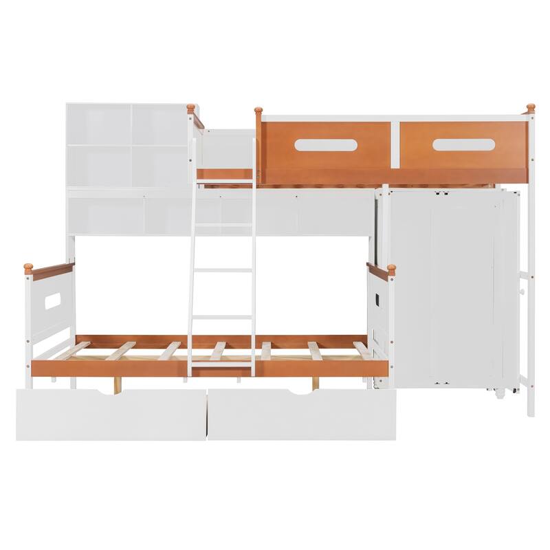 Twin Over Full Wooden Bunk Bed with Wardrobe, Drawers, Shelves and LED Light in White and Orange