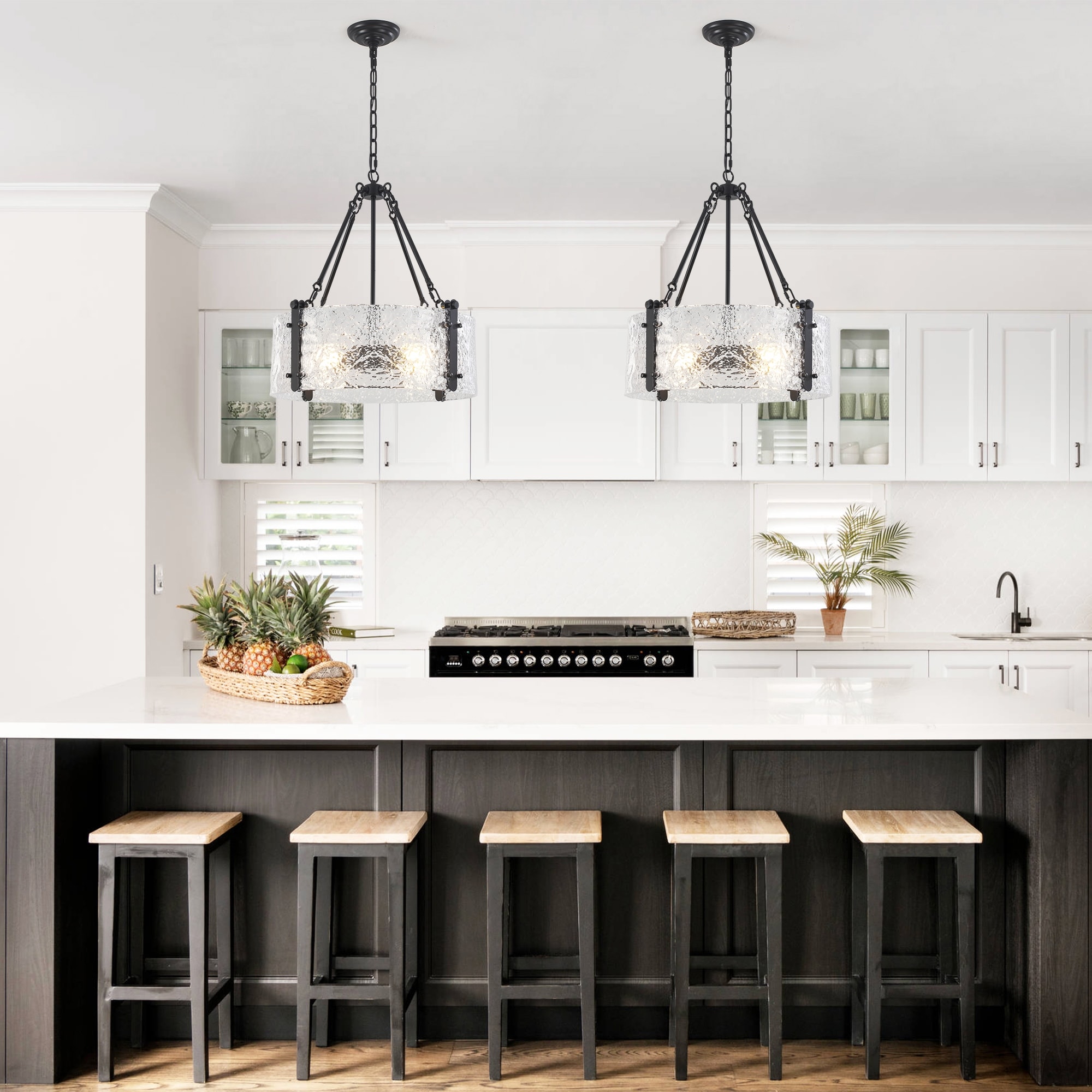 19” Modern Textured Glass Chandelier, 4 Light Drum Crystal Light Fixture for Kitchen Island Over Table