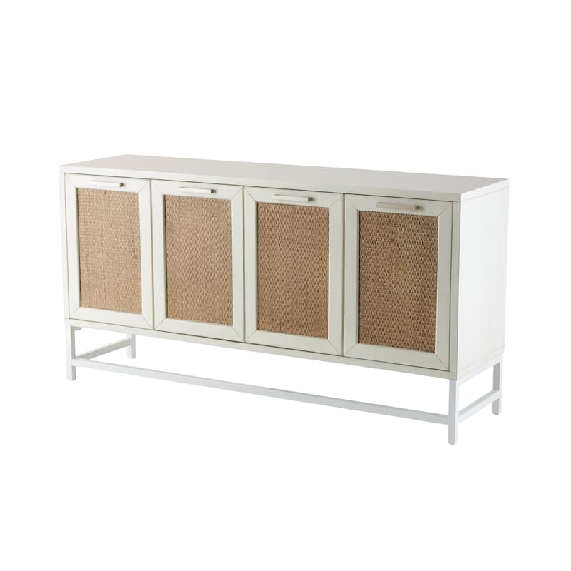 Wooden 4 Door Sideboard with Brown Woven Rattan Doors and Metal Base - White - Roche River Decor - 16"W x 60"L x 31"H