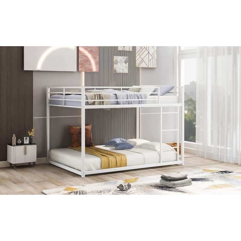 Full over Full Metal Bunk Bed with Ladder, White, Low Bunk Design, Sturdy Frame, Safety Guardrail, Easy Assembly