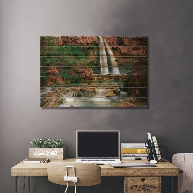 Havasu Creek, Which Is Lined With Cottonwood Trees, Being Fed By One Of Its Three Cascades Print On Wood by Tim Fitzharris