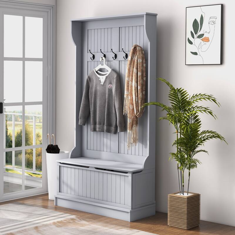 Modern Coat Rack with Anti-Tip Device Storage Bench 5 Hooks and Shoe Cabinet, for Entry and Hallway, Distressed White