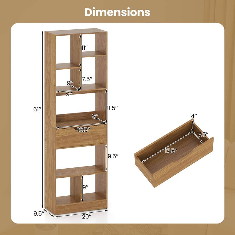 Costway 1/2 PCS 61” Bookcase with Drawer, 8 Open Cubes, Anti-toppling - See Details