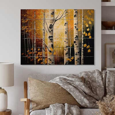 Designart 'Into A Golden Birch Forest III' Landscape Forest Wood Wall Art - Natural Pine Wood