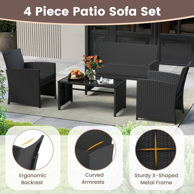 Costway 4 PCS Patio Conversation Set with Seat Cushions & Tempered - See Details