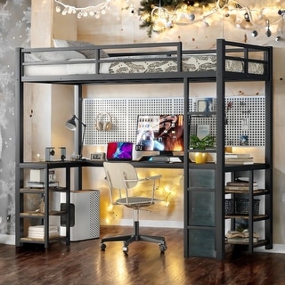 Twin XL Metal Loft Bed with Desk and Shelves, Loft Bed with Ladder and Guardrails, Loft Bed Frame for Bedroom