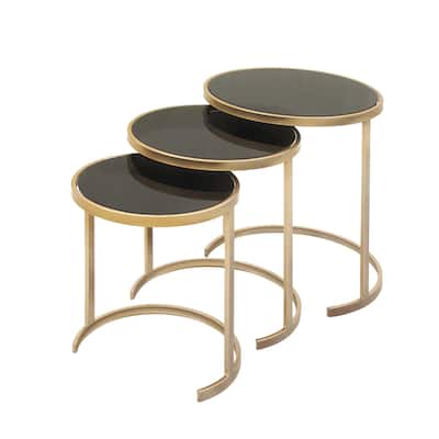 Metal Round Nesting Accent Table with Mirrored Glass Top - Set of 3 Gold or Silver - Roche River Decor