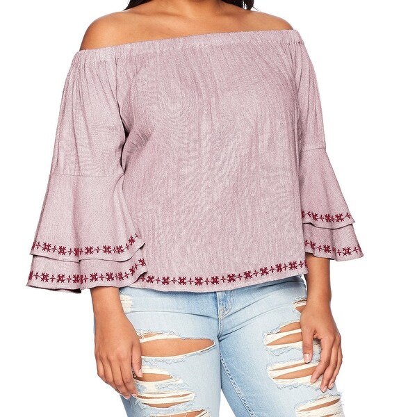 Lucky Brand Red Women Size 1X Plus Embroided Off The Shoulder Blouse