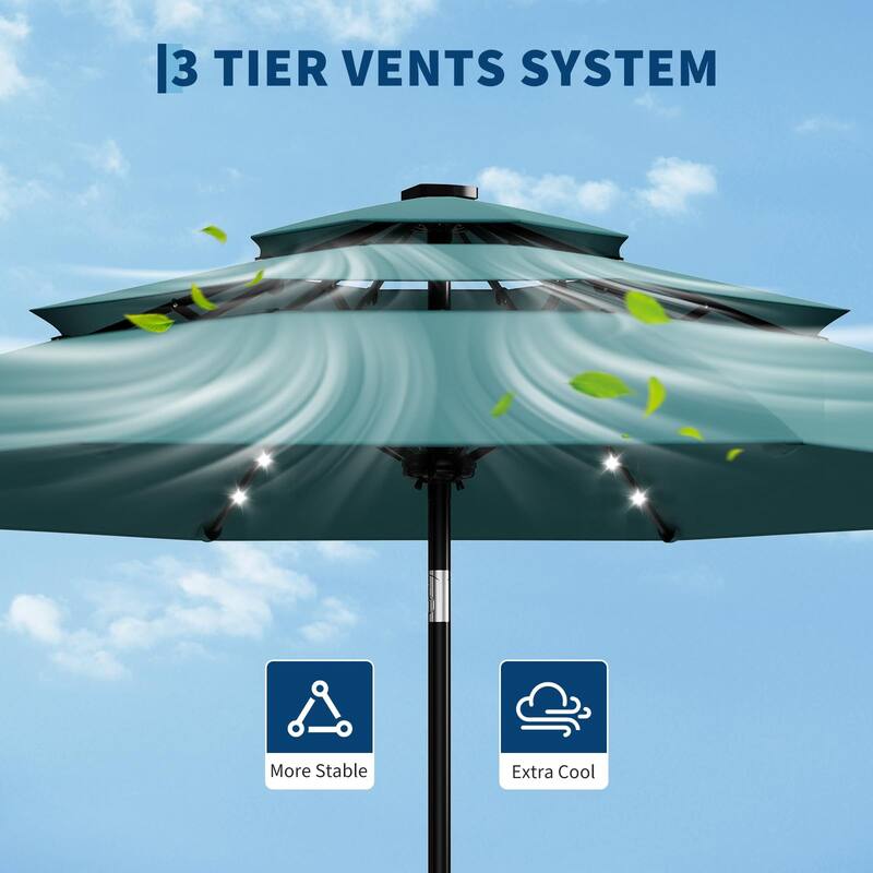 3-Tier Solar Patio Umbrella, with LED Lights and Vents