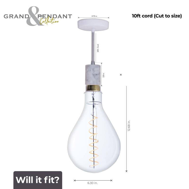 Bulbrite LED Grand Bulb and Pendant Kit of (1) 4 Watt Clear Glass 13" Pear Shaped Bulb - White Marble on White Fabric