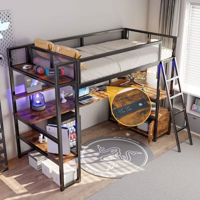 Twin Size Metal Gaming Loft Bed with Built-in Work Station & Storage Shelves, Space-Saving Bed Frame w/LED & Charging Station