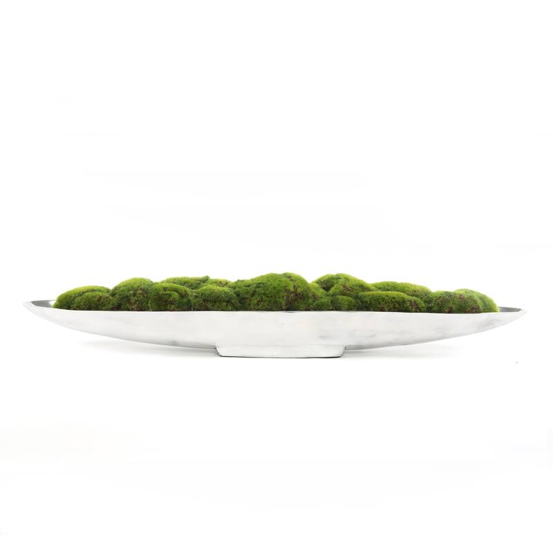Faux Green Grass Moss Arrangement in Large Metal Boat Tray