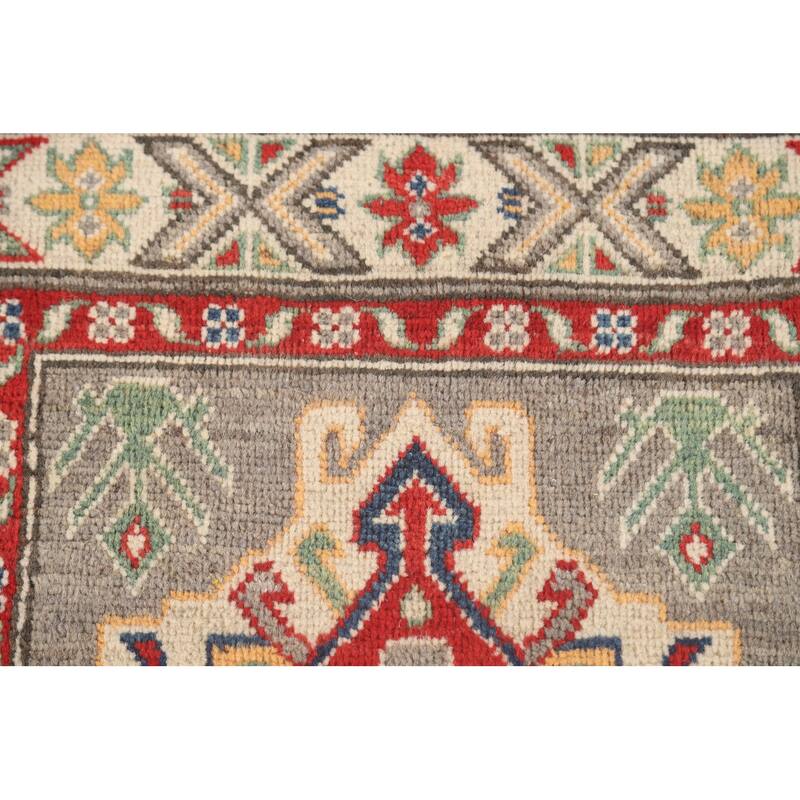 Geometric Kazak Accent Rug Hand-Knotted Grey Wool Carpet - 2'6" x 4'3"