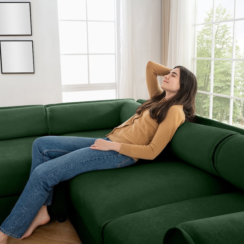 142.5" Chenille L-Shaped Sectional Sofa with Storage & Round Back