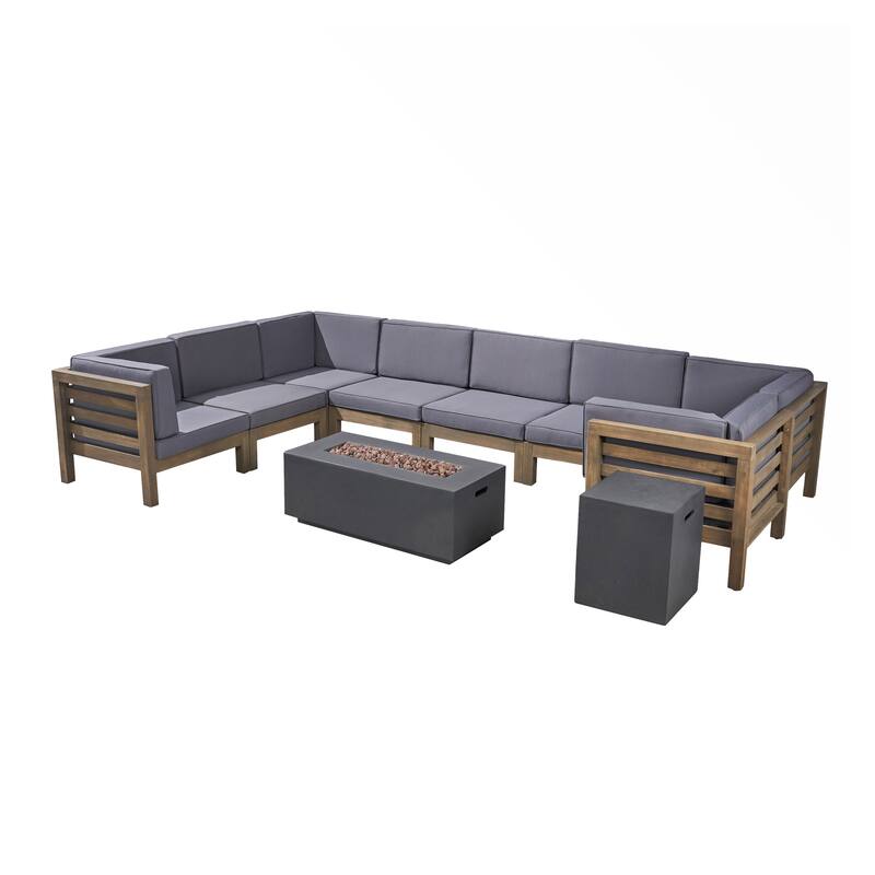 Oana Outdoor U-shaped 8-seat Acacia Sectional Sofa Set w/ Fire Pit by Christopher Knight Home