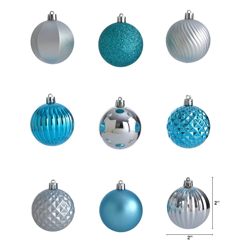 101ct Silver & Blue Shatterproof 3-Finish Christmas Ball Ornaments 2"
