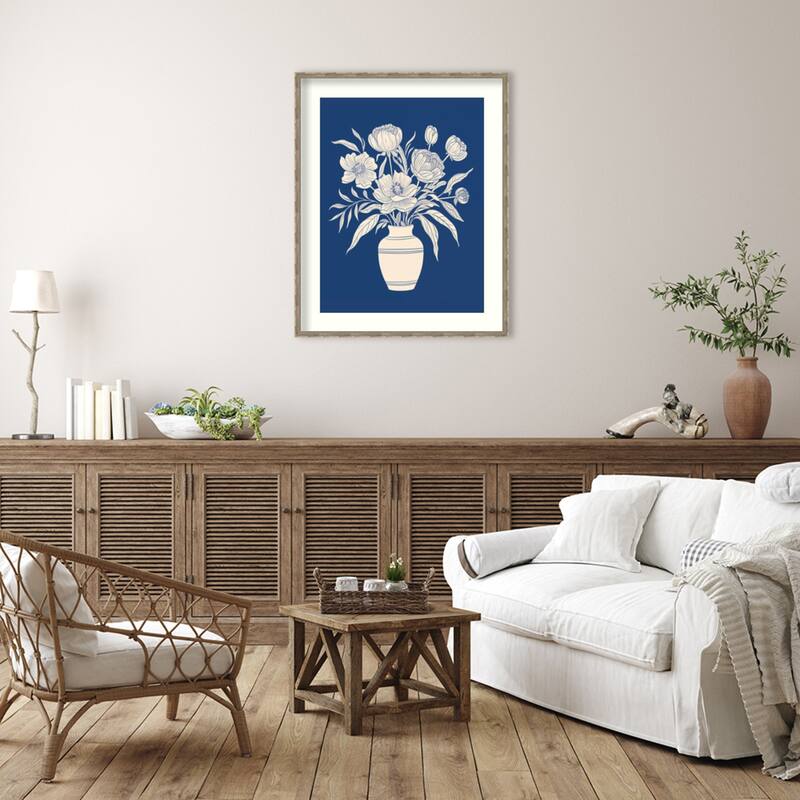 Flower Bouquet Vase on Blue by The Creative Bunch Studio Wood Framed Wall Art Print - Mila Dark Silver