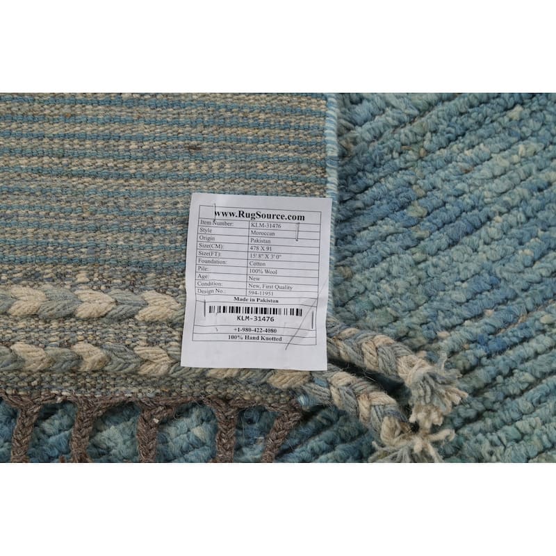 Light Blue Striped Moroccan Modern Runner Rug Hand-Knotted Wool Carpet - 3'0"x 15'8"