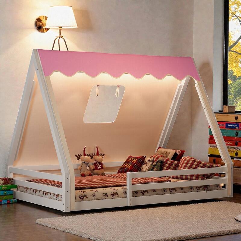 Montessori House Floor Bed with Tent and Lights, Solid Wood Teepee Bed with Guardrails, Twin/Full Kids Bed Frame