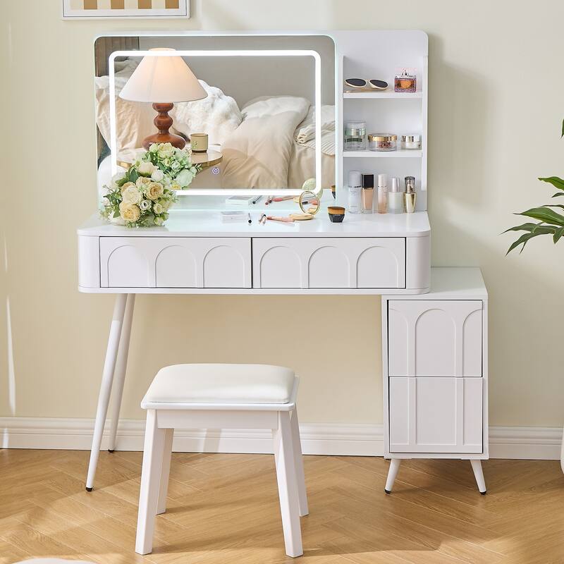 Modern Makeup Vanity Desk with LED Lights & Mirror, Extendable Dressing Table Set with Stool, 4 Drawer & Side Cabinet - White