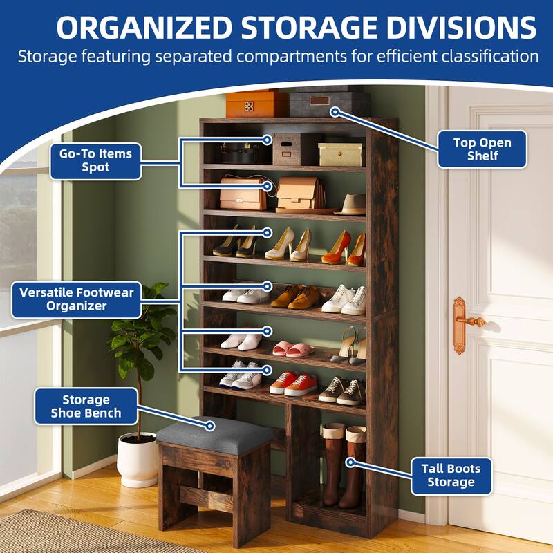 Moasis 8 Tiers Free Standing Shoe Cabinet with Hidden Bench, 70.9'' Tall Shoe Racks with Open Storage & High Boots Cubby