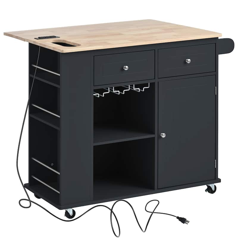 Kitchen Cart with Power Outlet,Open Storage Shelves and Wine Rack,5 Wheels,Drop Leaf and Rubber Wood - Black