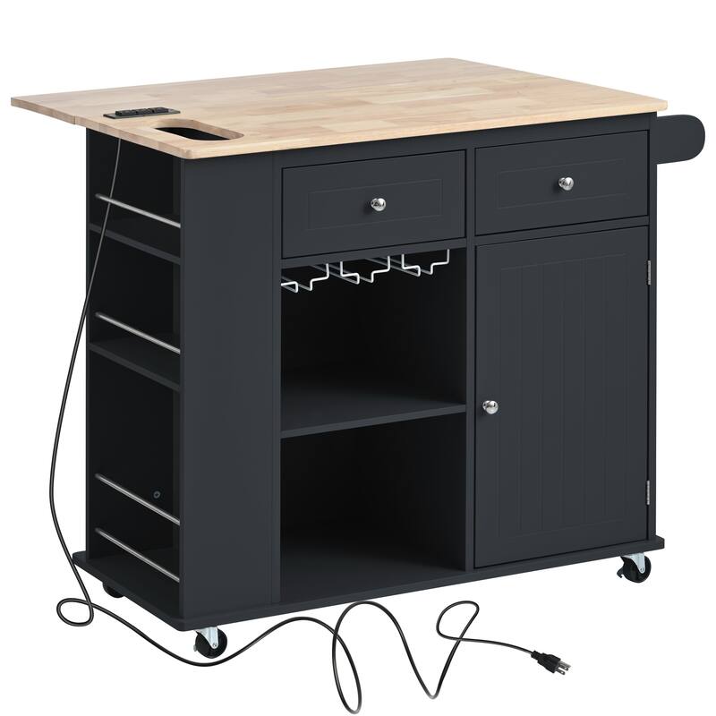 Removable Kitchen Island with Power Outlet, Black Wine Rack, Simple Storage Cabinet with Stemware Holder and 2 Drawers