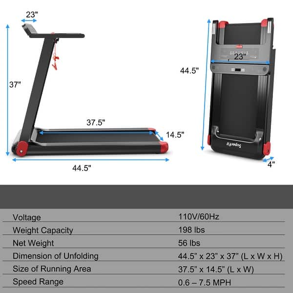 dimension image slide 1 of 2, SurperFit Folding Electric Treadmill Compact Walking Running Machine - 44.5'' x 23'' x 37''