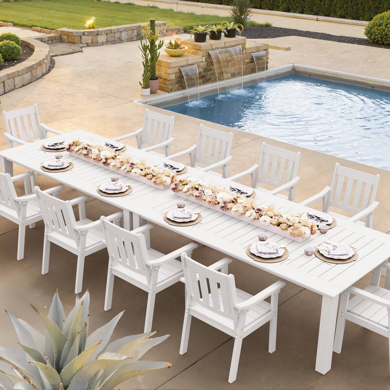 WINSOON 12-Piece HIPS All Weather Outdoor Patio Dining Sets with Umbrella Hole& Aluminum Frame,2-Table 10-Chairs