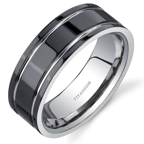 slide 1 of 4, Men's Black and Silver Comfort Fit Titanium Wedding Band Ring, 8 mm