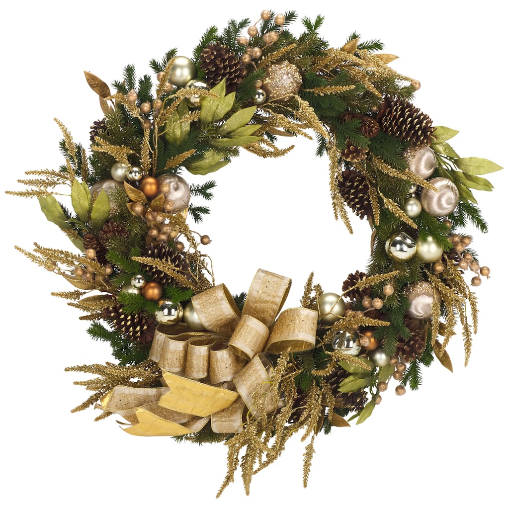 SAFAVIEH Home Luxe 34-inch Gilded Pine Wreath With Ornaments Ribbon & Pine Cones
