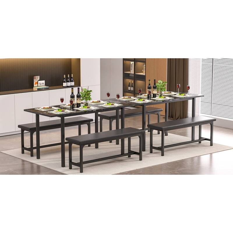 VECELO 3-Piece Dining Table Set with 2 Benches, 63" Extendable Kitchen Table & Chairs Set for 4-8, Dining Room Table