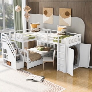 L-Shaped Bunk Bed with Storage Stairs, Fold Desk, Wardrobe, Twin - Twin Over Full Bed with Pull-out Underneath Storage Drawers