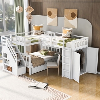 Twin-Twin over Full L-Shaped Bunk Bed with 3 Drawers, Portable Desk, Wardrobe, Guardrails & Solid Pine Frame, White