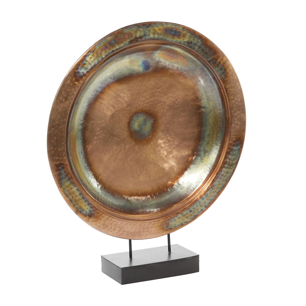 Metal Plate Large Weathered Disk Decorative Sculpture with Elevated Black Stand - Copper - Roche River Decor