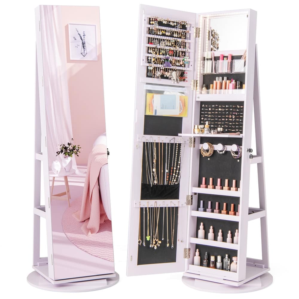 Gymax Rotating Mirrored Jewelry Cabinet Armoire 3 Color LED Modes