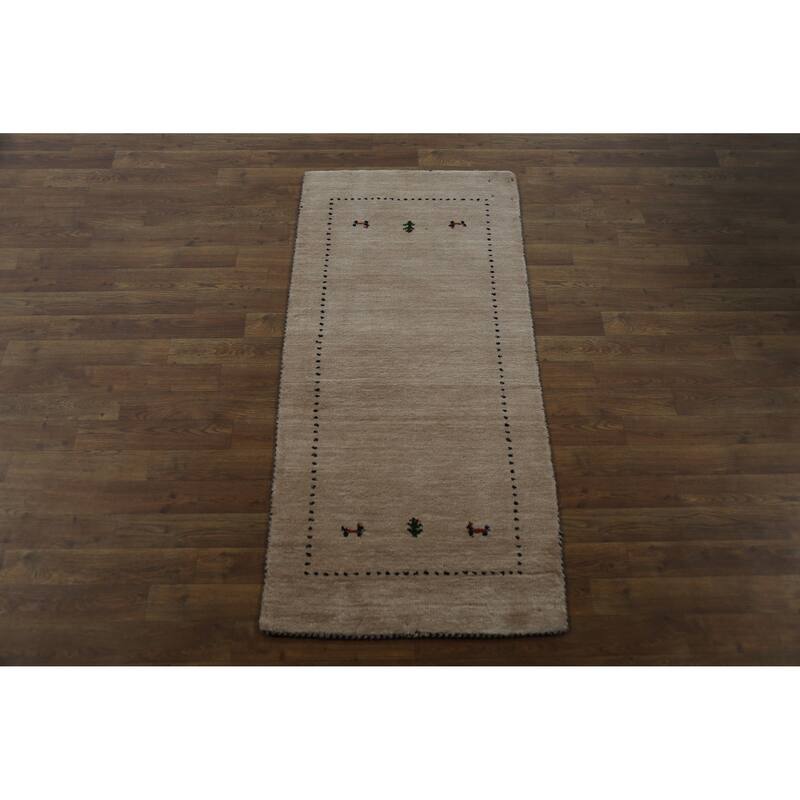 Hand Knotted Oriental 100% Wool Carpet Tribal Animal Pictorial Peach Gabbeh Runner Rug - 4' 8'' X 2' 3''