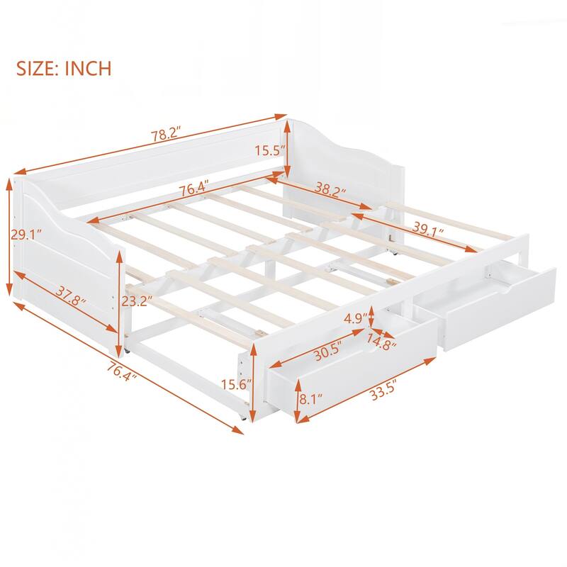 Wooden Daybed with Trundle Bed and Two Storage Drawers
