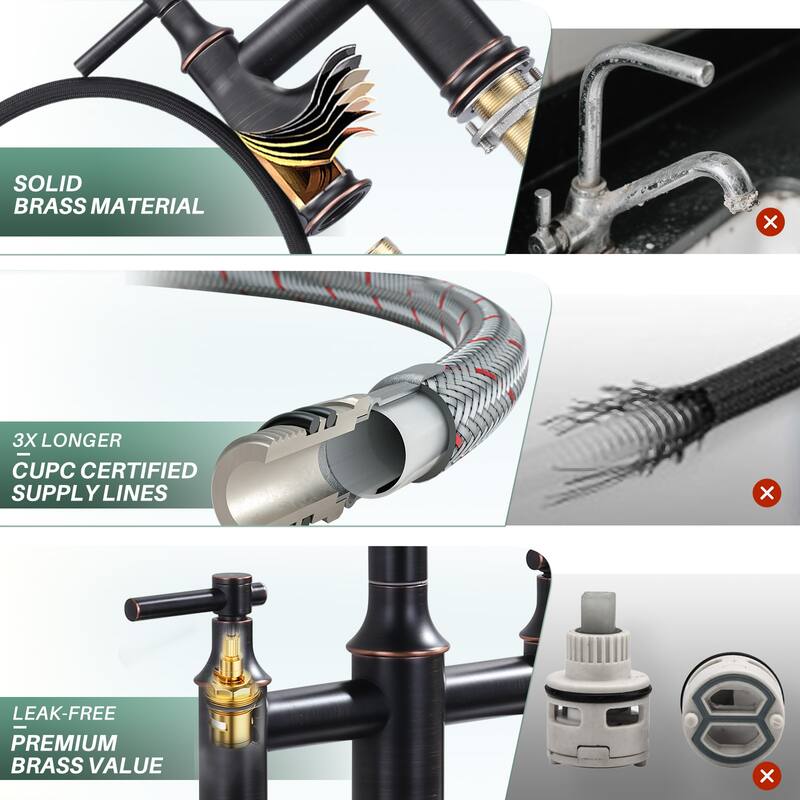 WOWOW Double Handle Pull Down Sprayer Bridge Kitchen Faucet