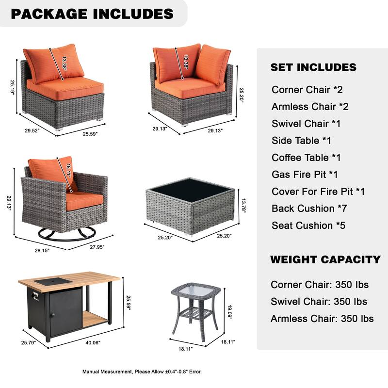 HOOOWOOO 8-piece Grey Wicker Outdoor Patio Furniture Sectional Set with Fire Pit