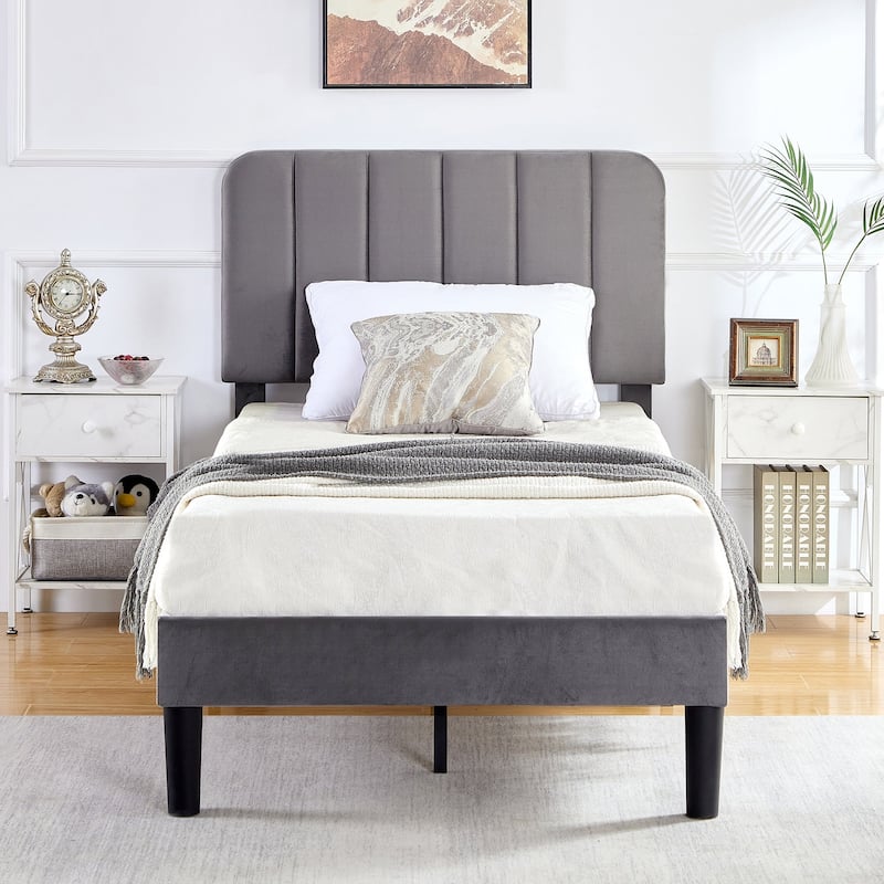 Javlergo Upholstered Adjustable Headboard Velvet Platform Bed Quiet Heavy-Duty Bed Frame No Box Spring Needed - Grey - Twin