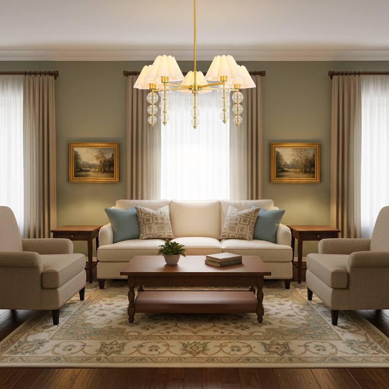 Rennnsan 5-Light 35 in. Transitional Gold Chandelier with Clear Glass Orbs and Fabric Shades - 34.6 in. Dia x 16.1 in. H