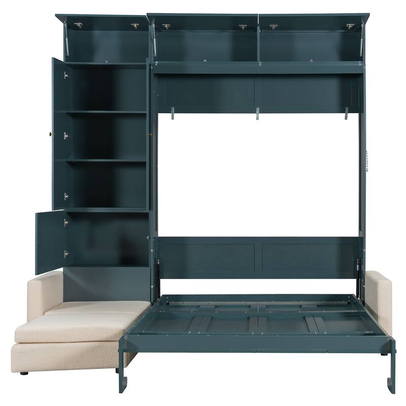 Queen Size Storage Murphy Bed Cabinet with L Shaped Sofa, Solid Wood Wall Murphy Bed Frame, No Box Spring Needed