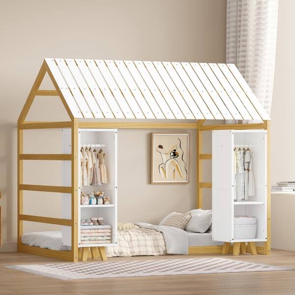 slide 2 of 28, Twin Size House Bed with Fence and Roof, Kids Floor Bed with Two Movable Wardrobes Natural