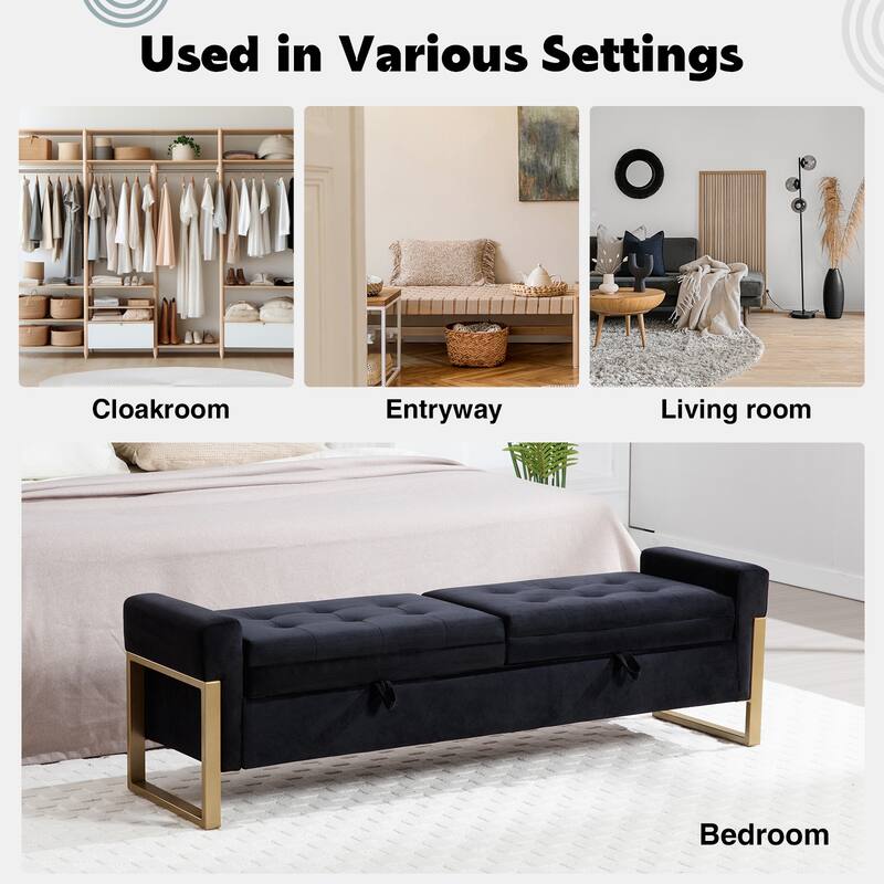 66" Storage Bench King Size End of Bed with Double Lids and Gold Legs