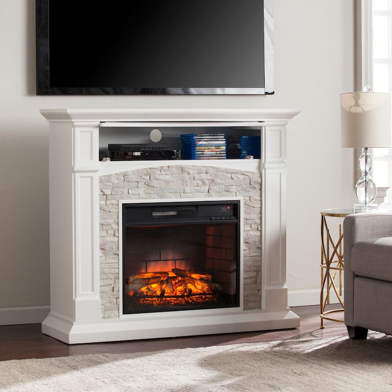 45.75 in. Freestanding Wood Smart Electric Fireplace TV Stand in White for space-saving living room furniture